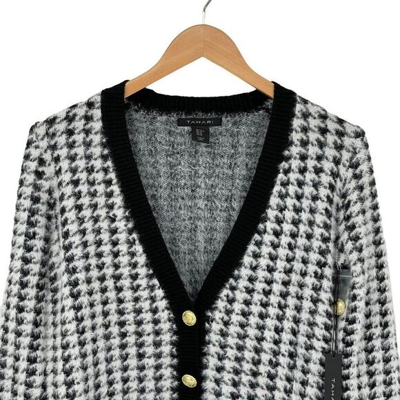 Tahari Houndstooth Eyelash V-Neck Button Up Cardigan Sweater Soft White Black XS - Picture 2 of 10